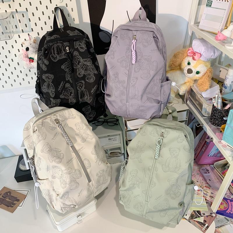 Schoolbag Student schoolbag Junior high school Korean version bear print texture backpack College style Campus class travel backpack
