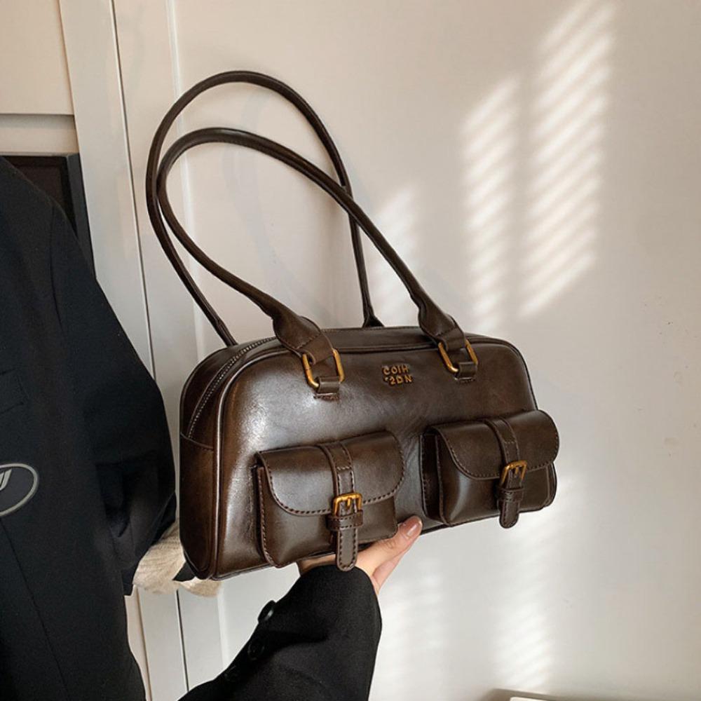 Solid Color Bowling Bag PU Leather Hobo Bag Portable Leather Shoulder Bag  Children