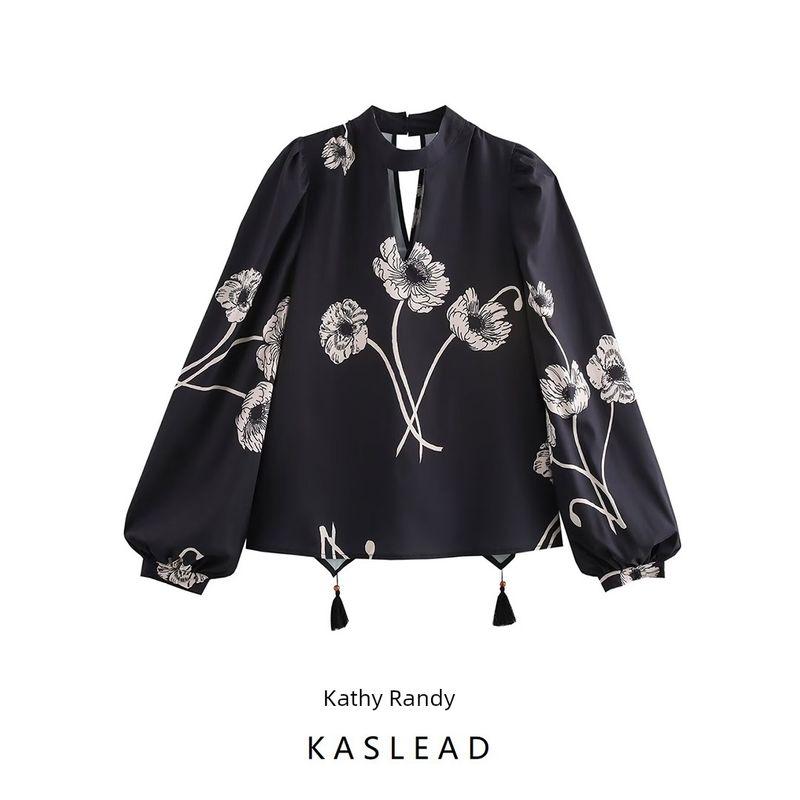 Kaslead New Arrival Women's Clothing Fashion Style Minimalist Easiest for Match Retro Print Half Turtleneck Bishop Sleeves Top