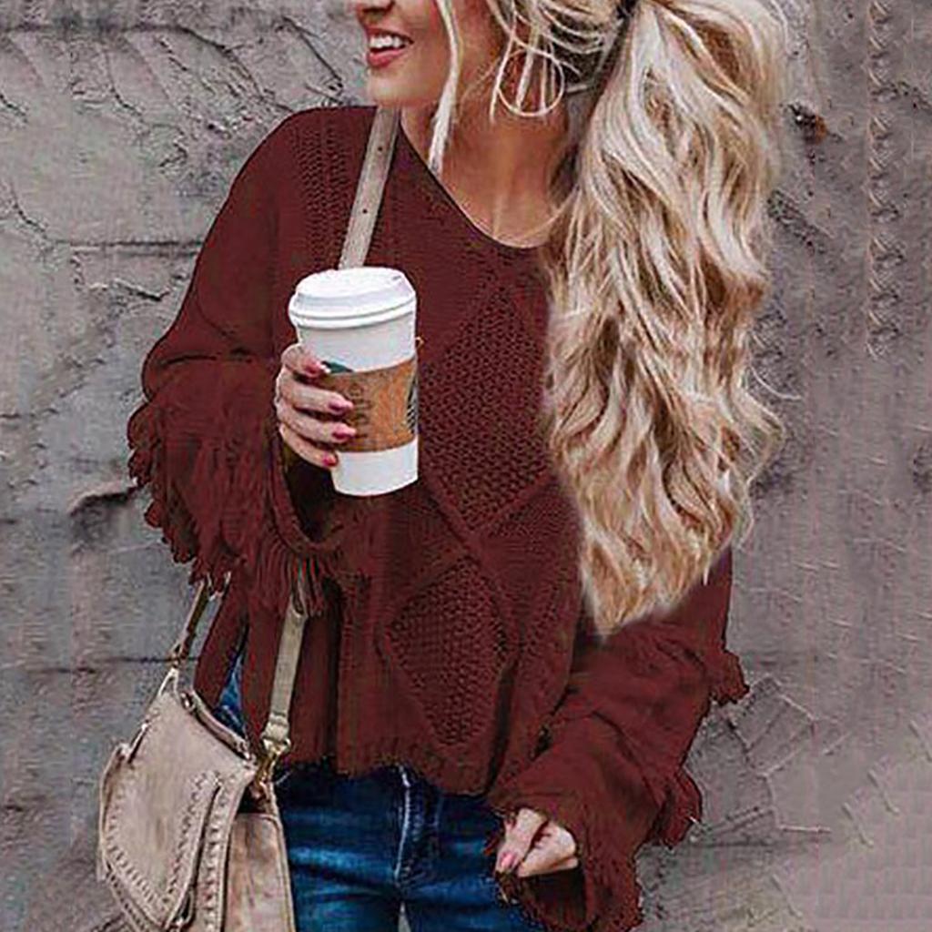 Women's  And Winter Loose Solid Color Wide Sleeve Tassels Stitching Long-sleeved  Knit Sweater Top