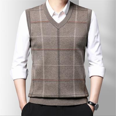 Heren herfst lente trui vest gebreide losse trui V-hals geruite print elastische zachte warme middelbare leeftijd vader grootvader trui vest