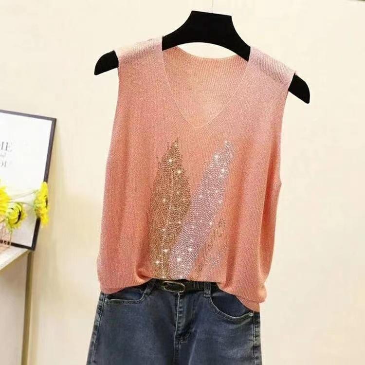 Women's Shiny Silk V-Neck Sleeveless Vest New Spring/Summer Style with Loose Fit and Diamond Accents