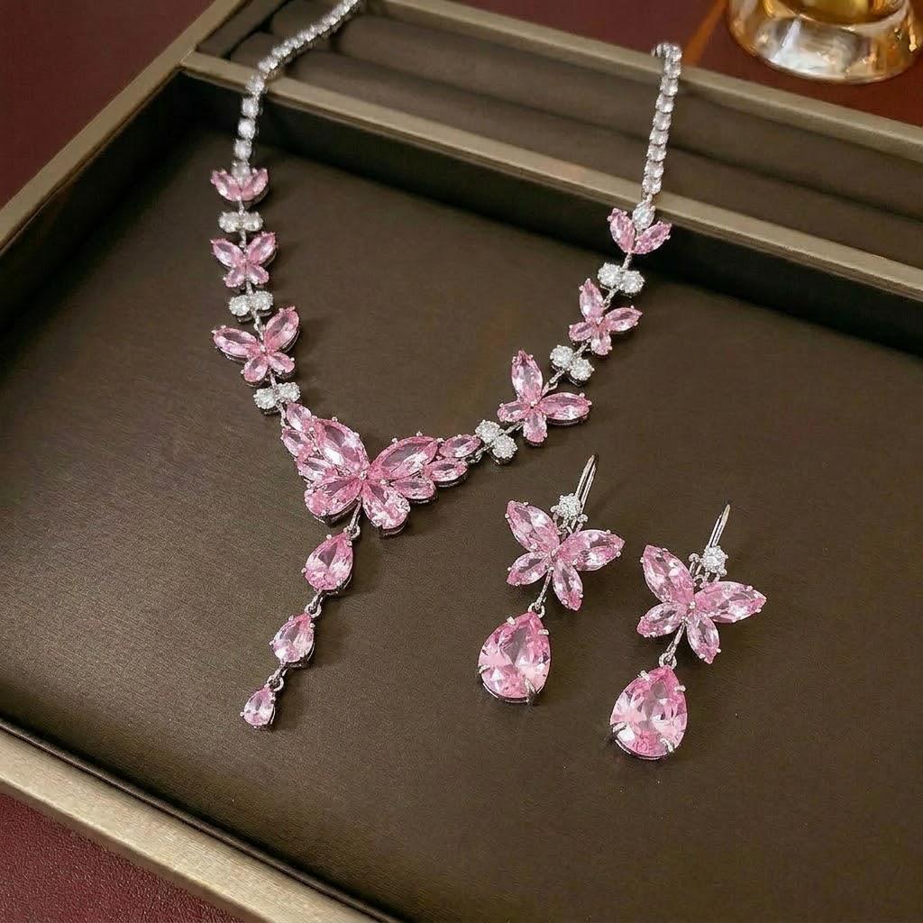 Fashion Trend Pink Butterfly Zircon Jewelry Set: Earrings, Necklace, and Collarbone Chain