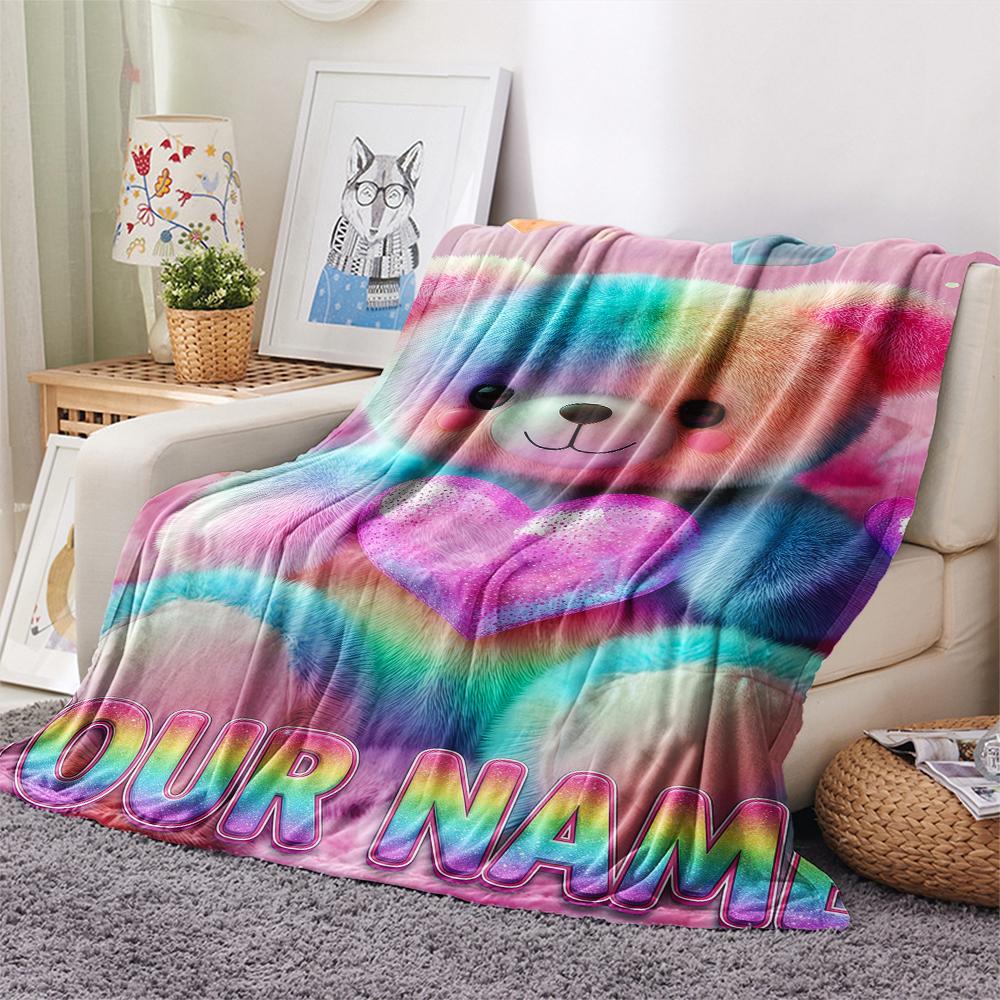 1PC Custom Name Rainbow Heart Bear Love Patterned Flannel Blanket Suitable For All Seasons for Home Decor Warmth and Comfort Gifts Holiday Present_lx