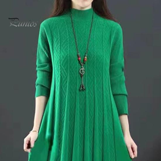 Winter Sweater Pleated Midi Dress Women Fall Knitted A-line Loose Hem Solid Color High Collar Autumn Neck Protection Thick Warm Long Sleeve