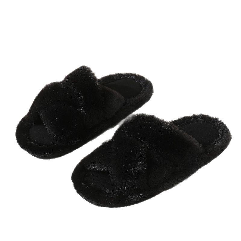 Autumn and winter new high-end plush slippers women's outer wear home thick bottom large size cross cotton slippers