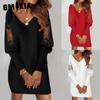 Women's Fashion Autumn Winter Solid Color Print Long Sleeve V-Neck Casual Dresses