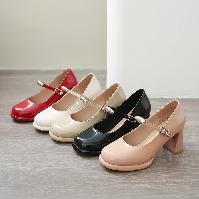 Genuine Leather Mary Jane High Heel Shoes Women's Chunky Heel Slip-On Elegant Mouth Mini Leather Shoes round Toe Rubber Sole