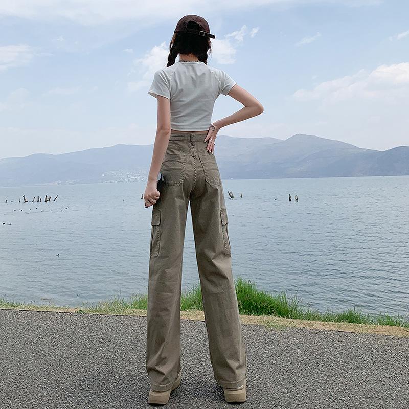 Khaki Slim-Fit High-Waisted Cargo Pants for Women - Autumn/Winter American Retro Style