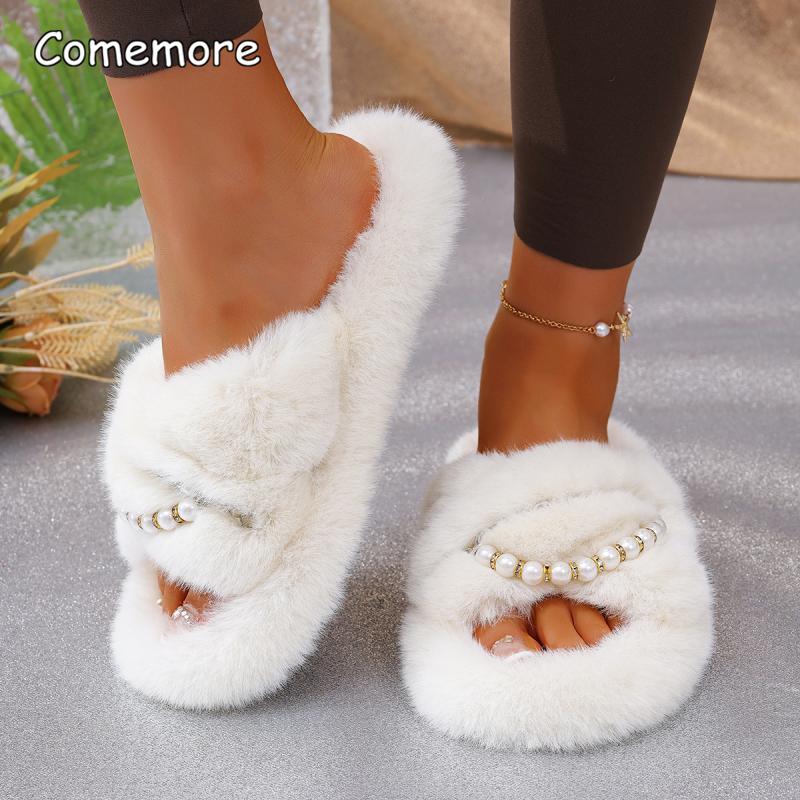 Fashion Luxury Pearl Chain Decoration Short Plush Slides Women 2025 Autumn Round Toe Low Heel Slippers Warm Faux Fur Indoor Slippers