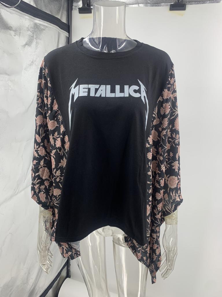 New Printed Crew Neck Loose Casual Batwing Sleeve Top for Women