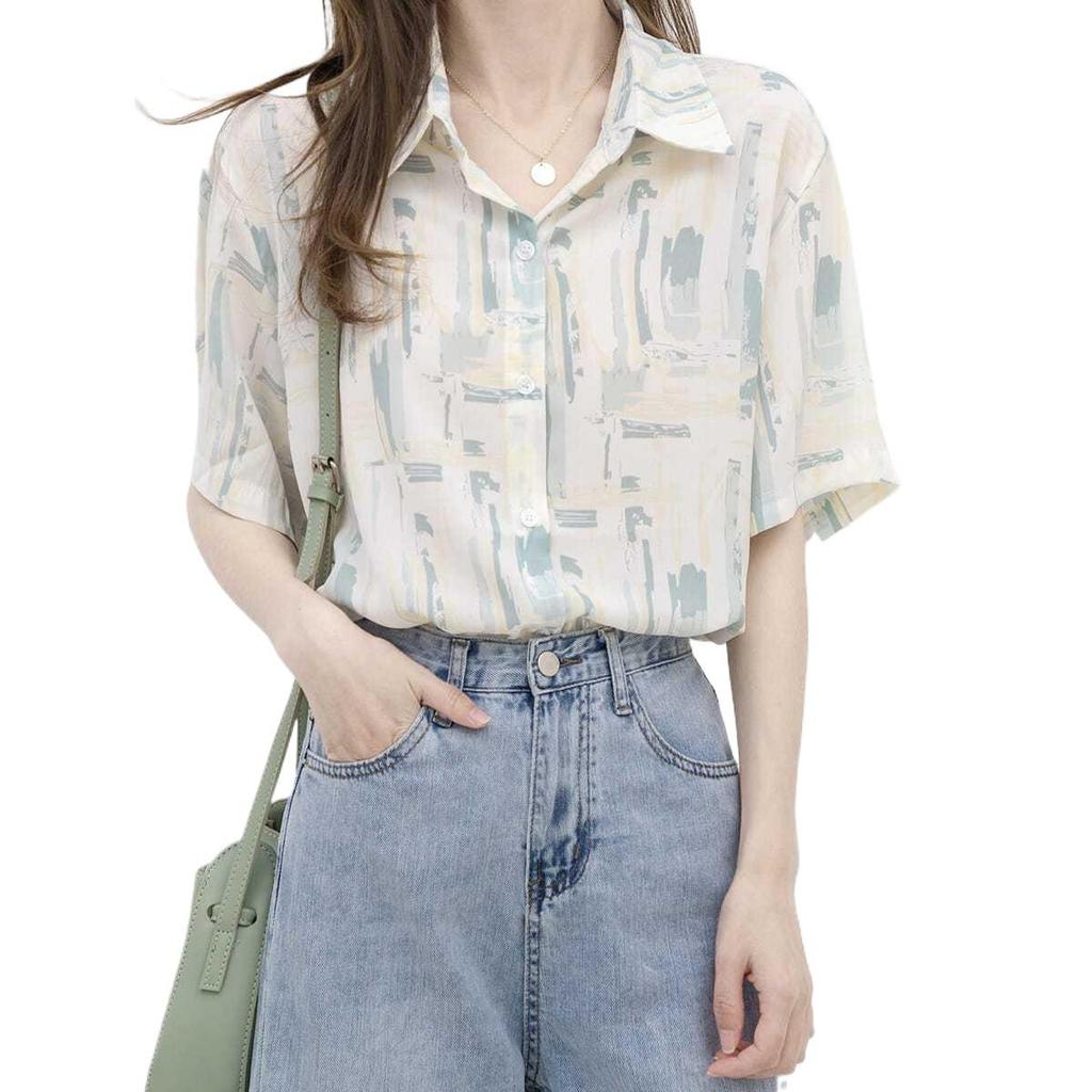 Hong Kong-Inspired Ink Wash Sun Protection Short Sleeve Shirt for Women