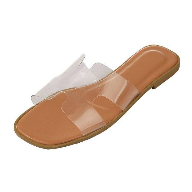 Summer new women's shoes one word fashion Korean version transparent jelly cool slippers flat bottom women's square head slippers women