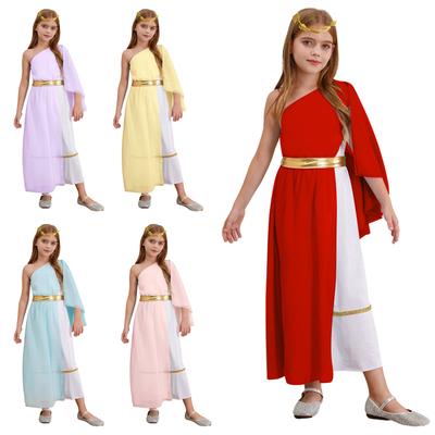 Girls Ancient Greek Princess Costume Single Shoulder Toga Dress Patchwork Flowy Design Waistband Wreath Headband Set