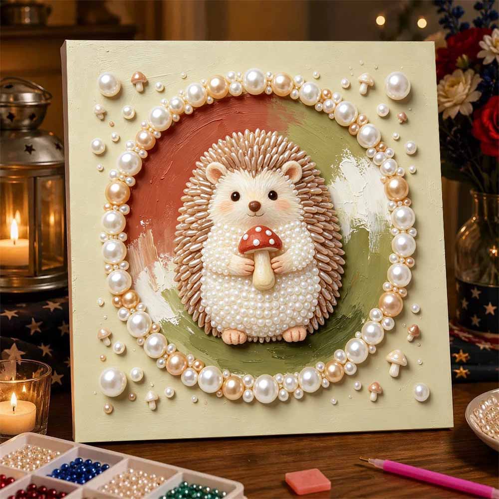 DIY 5D Pearl Bead Painting Kit with Frame Cute Hedgehog Mushroom Design Shiny Canvas Art for Bedroom Wall Decor and Special Artistic Gift