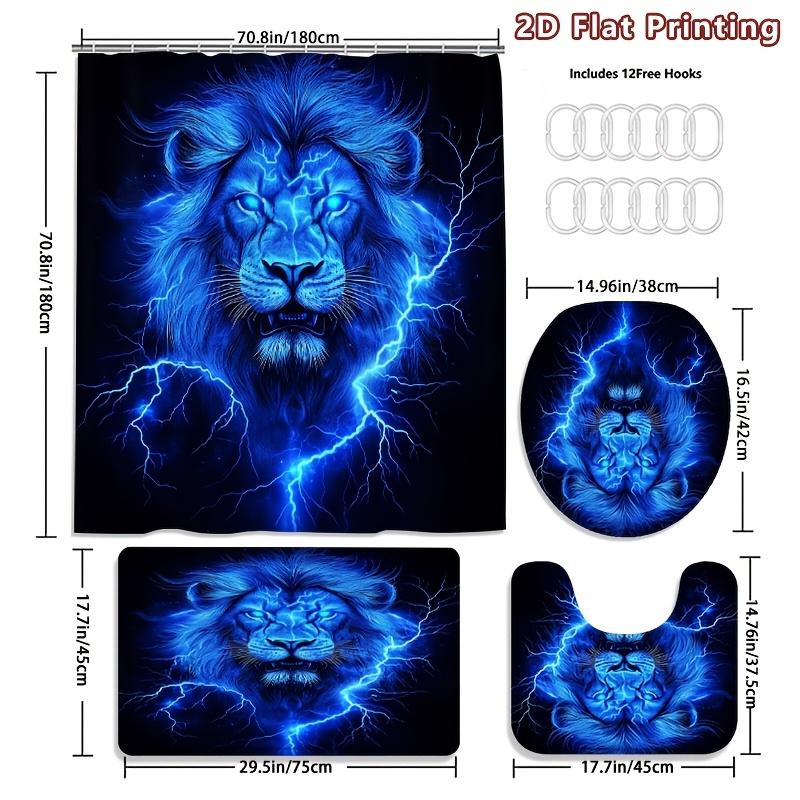 4Pcs Mystic Blue Lion Shower Curtain Set with Non-Slip Bath Mat, Toilet Lid Cover, Contour Rug & 12 Hooks, Bathroom Decor