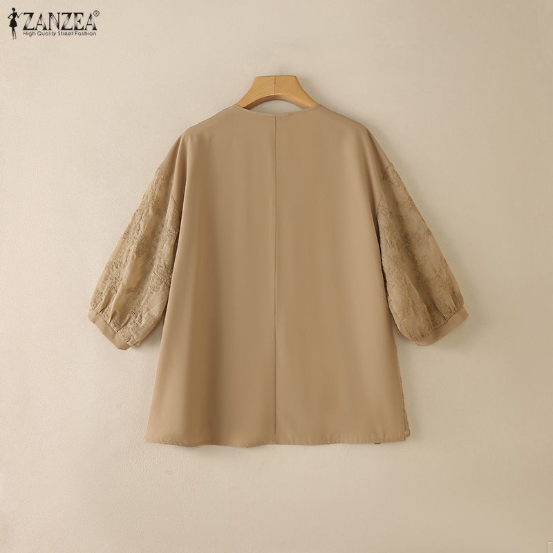 ZANZEA Women Hollow Lace Splice V-Neck Loose Casual 3/4 Sleeve Blouse