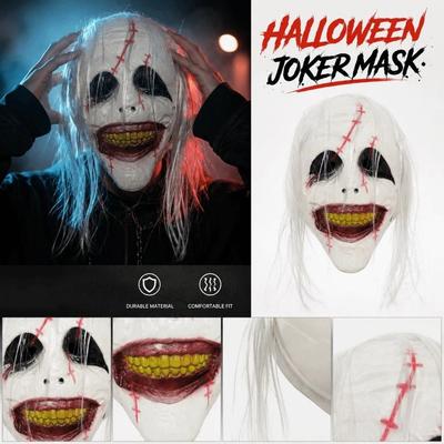 Facepiece Realistic Halloween Joker Mask Spooky Blood Scar Full Face Mask with Hair Breathable Scary Clown Mask Masquerade