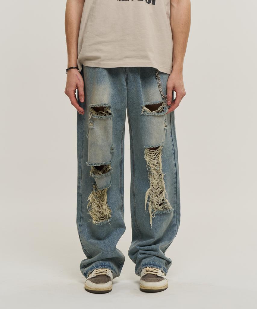 Super Serve Distressed Washed Denim Pants - Light Blue
