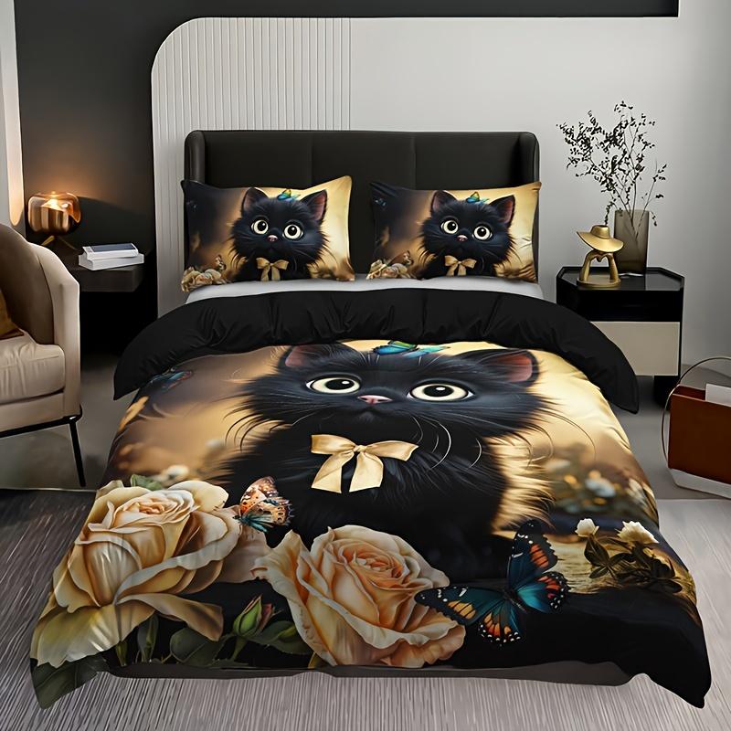 Charming Cat & Yelow Rose Beding Set Breathable Polyester Al-Season Comfort Machine Washable Ideal for Home or Dorm Decor