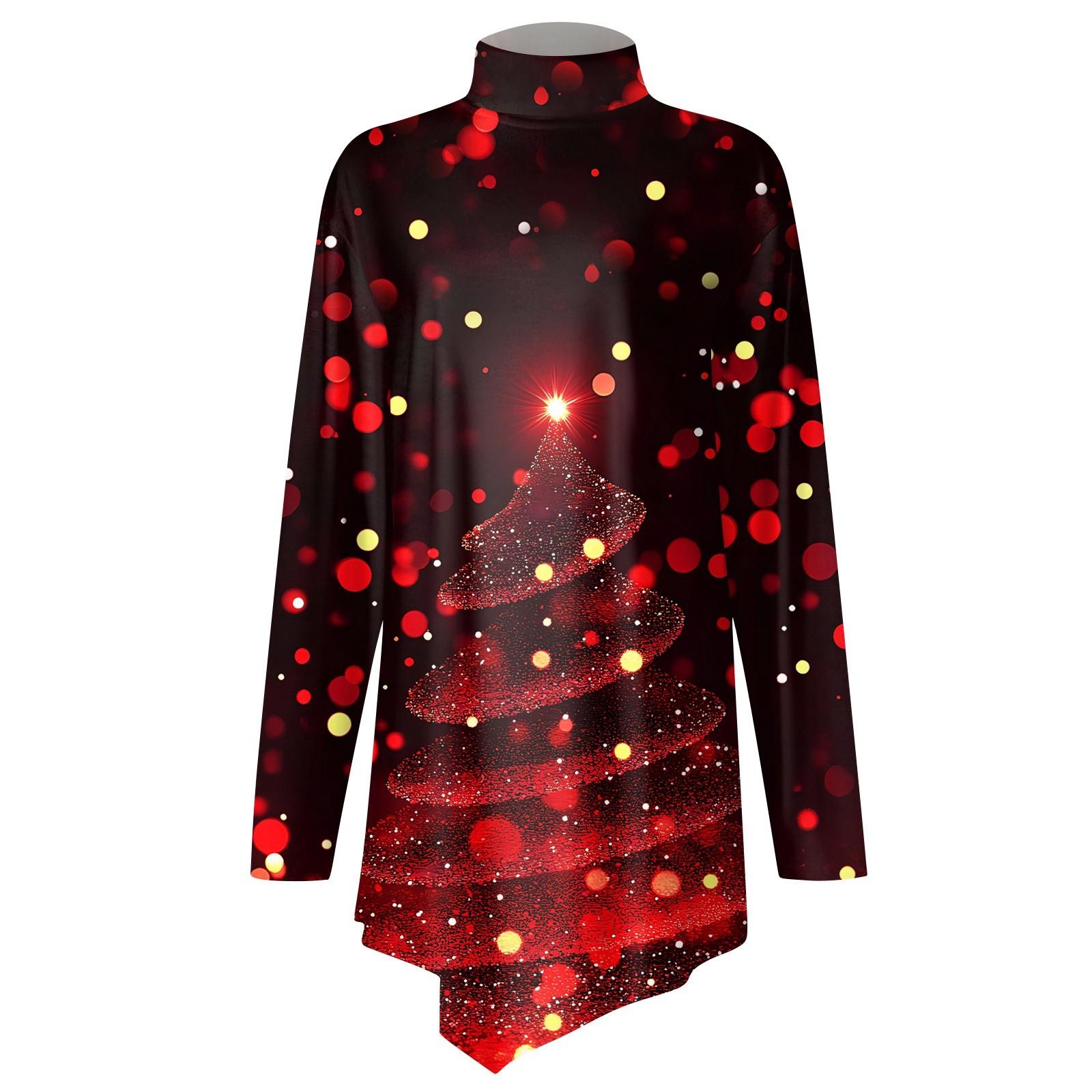 Повседневная мода Рождественский принт Рубашка Топы Высокий ворот Неровный подол Длинный — фото 6