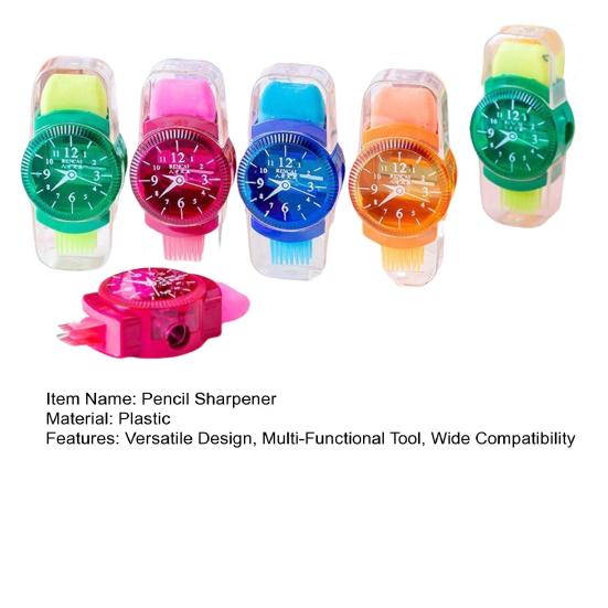6Pcs Student Pencil Sharpener 3 In 1 Watch Shape Random Colors Pencil Cutter with Reel Eraser Brush