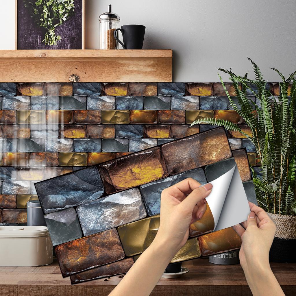 KUUJOJO 3D Vintage Faux Wall Tile Self-Adhesive Decal for Kitchen, Living Room and Bathroom Wall Decor, 11.8 in. X 5.91 in.