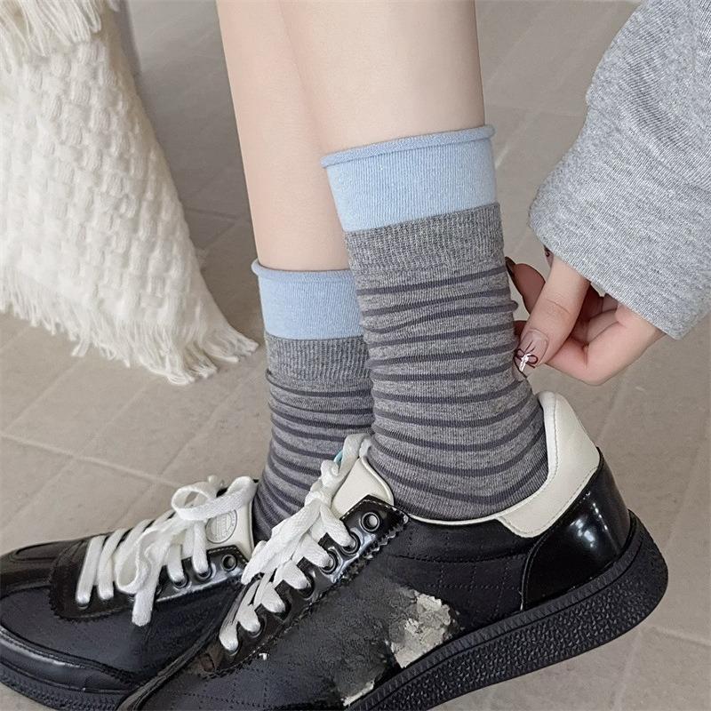 Autumn Trendy Socks: Double Slit Striped Contrasting Color Women's Socks, Breathable Combed Cotton Mid-calf Socks