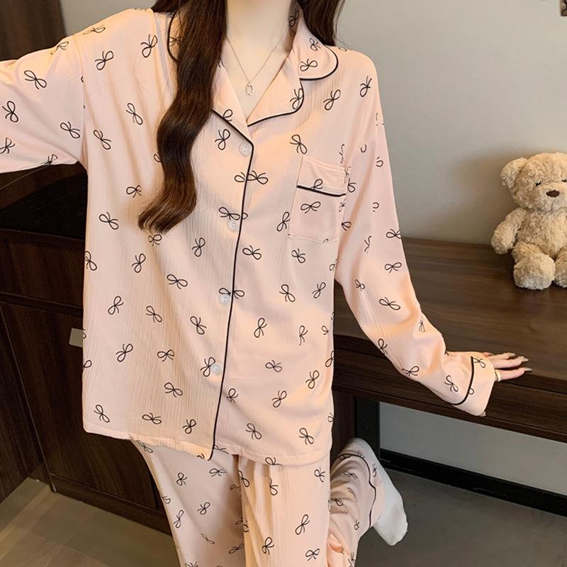 ins style girlish pajamas women's spring and autumn long-sleeved sweet bow full print casual loungewear set