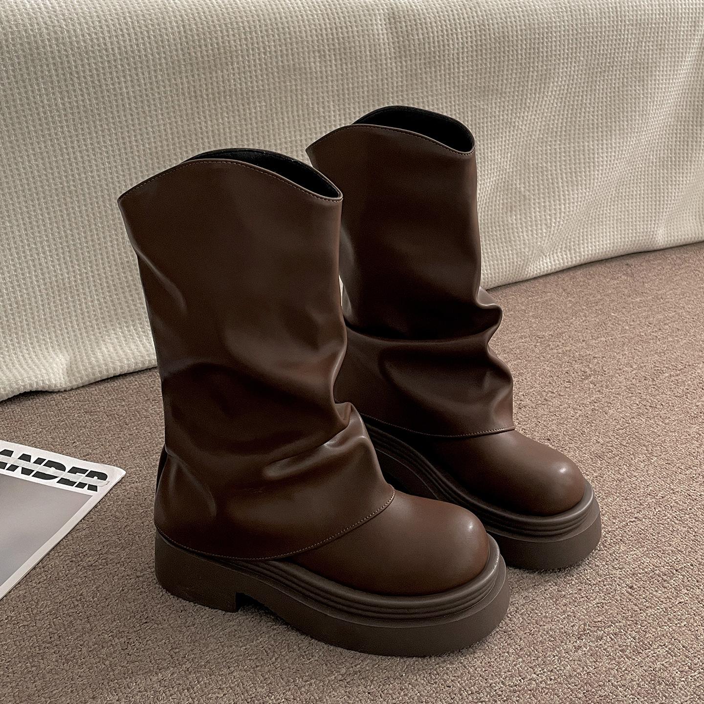 

Popular black retro versatile thick high-heeled trouser boots women s 2025 new summer Maillard soft-soled medium boots 40 хаки