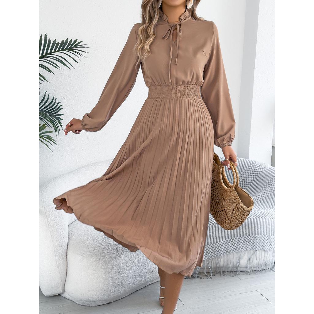 Women's Fashionable Casual Loose-Fit Tie-Waist Bell-Sleeve Pleated Dress