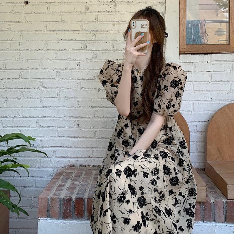 Women's French Retro Floral Puff Sleeve Dress - Summer Slim Fit, High Waist Mid-Length Skirt