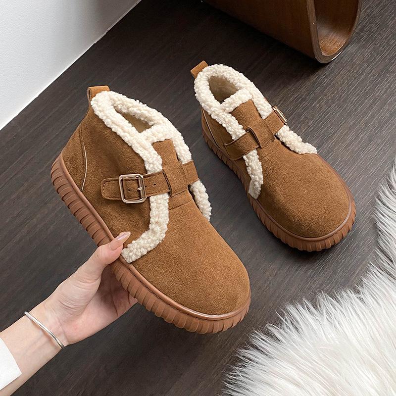 

Женские зимние ботинки на толстой подошве, новинка 2025 года, зимние бархатные утепленные хлопковые ботинки из овечьей шерсти, короткие ботинки большого размера 42 коричневый