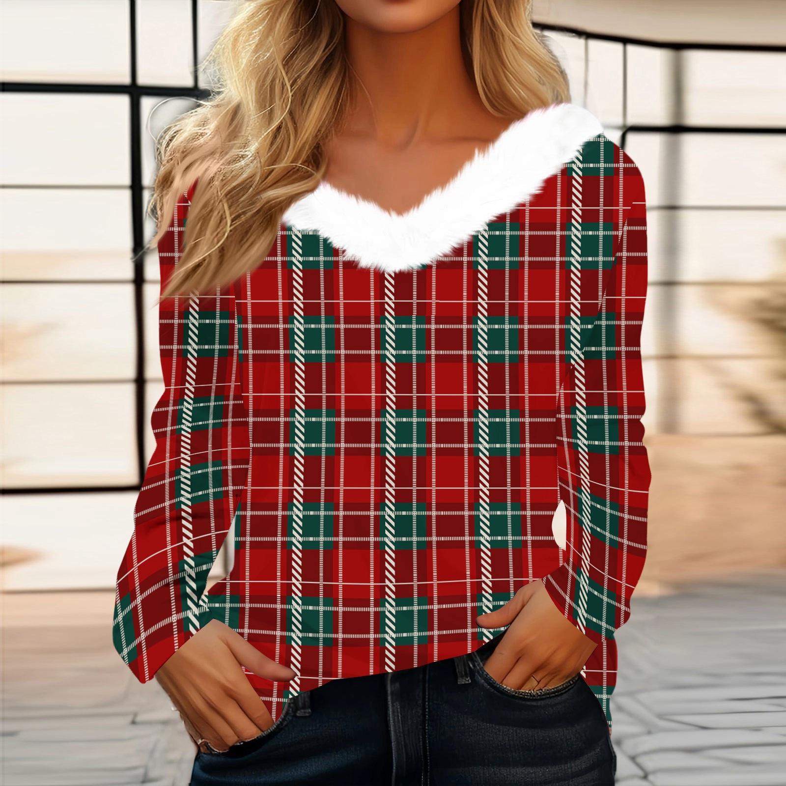 

Женский модный топ с длинным рукавом, клетчатым принтом, флисовым воротником и V-образным вырезом XL красный