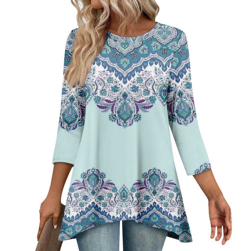Tunic Tops For Women Loose Fit Prints Tops 3/4 Length Sleeve Womens Tops With Asymmetrical Hem