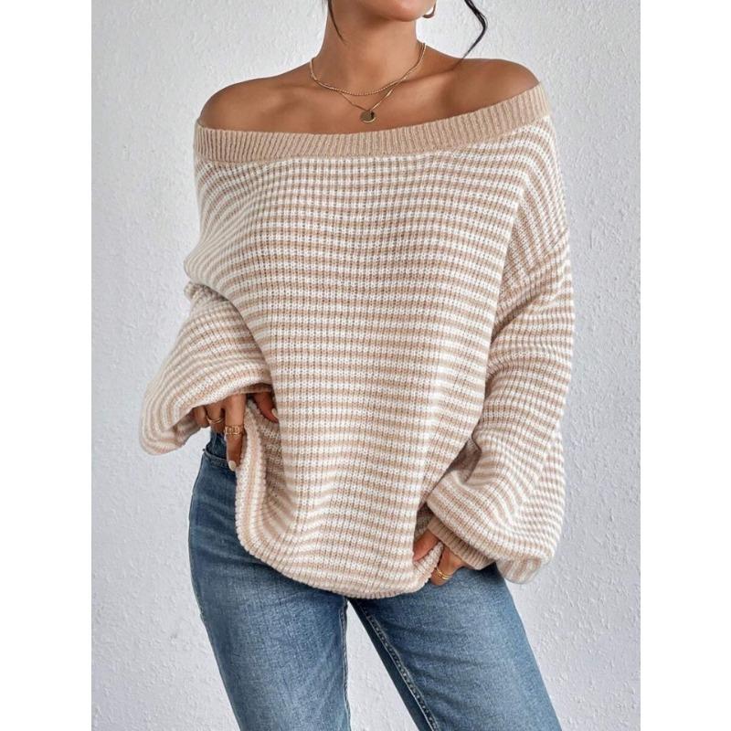 Fashion One-word Neck Striped Off-the-shoulder Knitted Women Sweater Autumn and Winter Pullover Loose Simple Office Sweaters Casual Long Sleeve Tops
