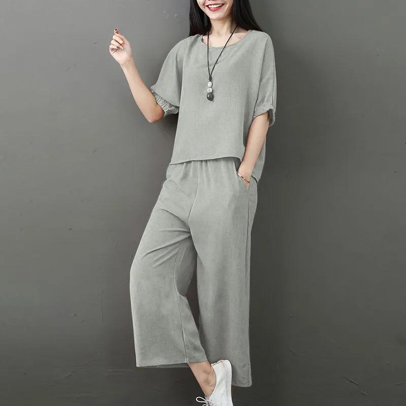 Loose Casual Two-piece Summer Mother Women's Fashion Suit Nine-point Pants Wide-leg Pants