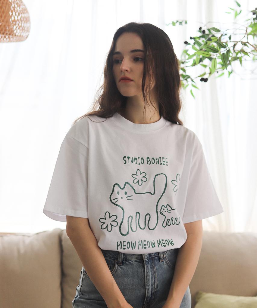 BONIEE Meow Cat Kitten Graphic Loose Oversized T-Shirt White