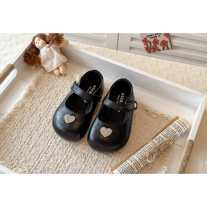 British Style Korean Little Girls Rhinestone Heart Princess Soft Sole Leather Shoes