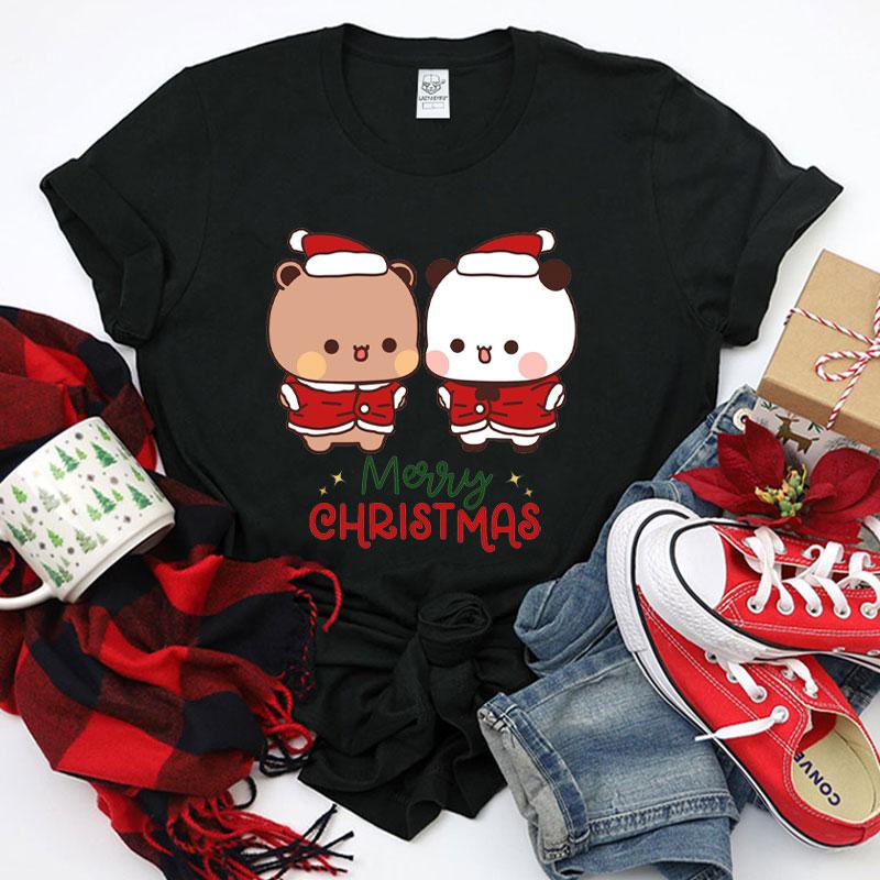 Kawaii SnowUnisex Bubu Dudu Christmas Graphic Tshirt Trendy Funny Cartoon Panda Printing Women Shirt Fashion Holiday Cotton Tees