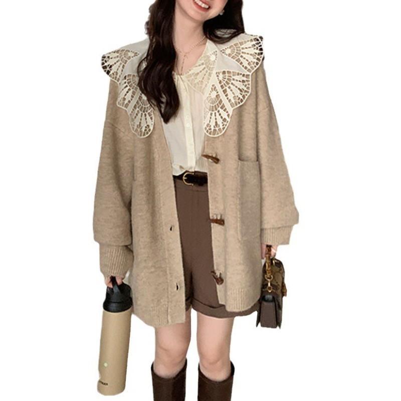 Autumn and winter new horn buckle knitted cardigan women's lazy loose top autumn and winter gentle outer women's sweater