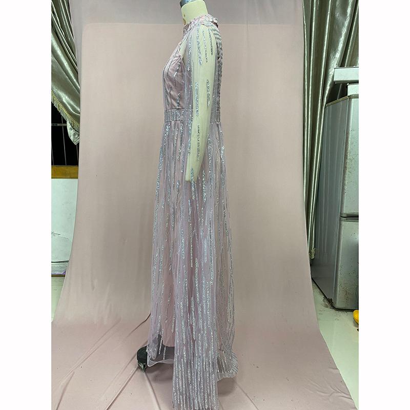 Damen Elegant Quasten Pailletten Partykleid Maxi Langarm Sexy Ausgeschnitten Rundhals Abend Hochzeitskleider