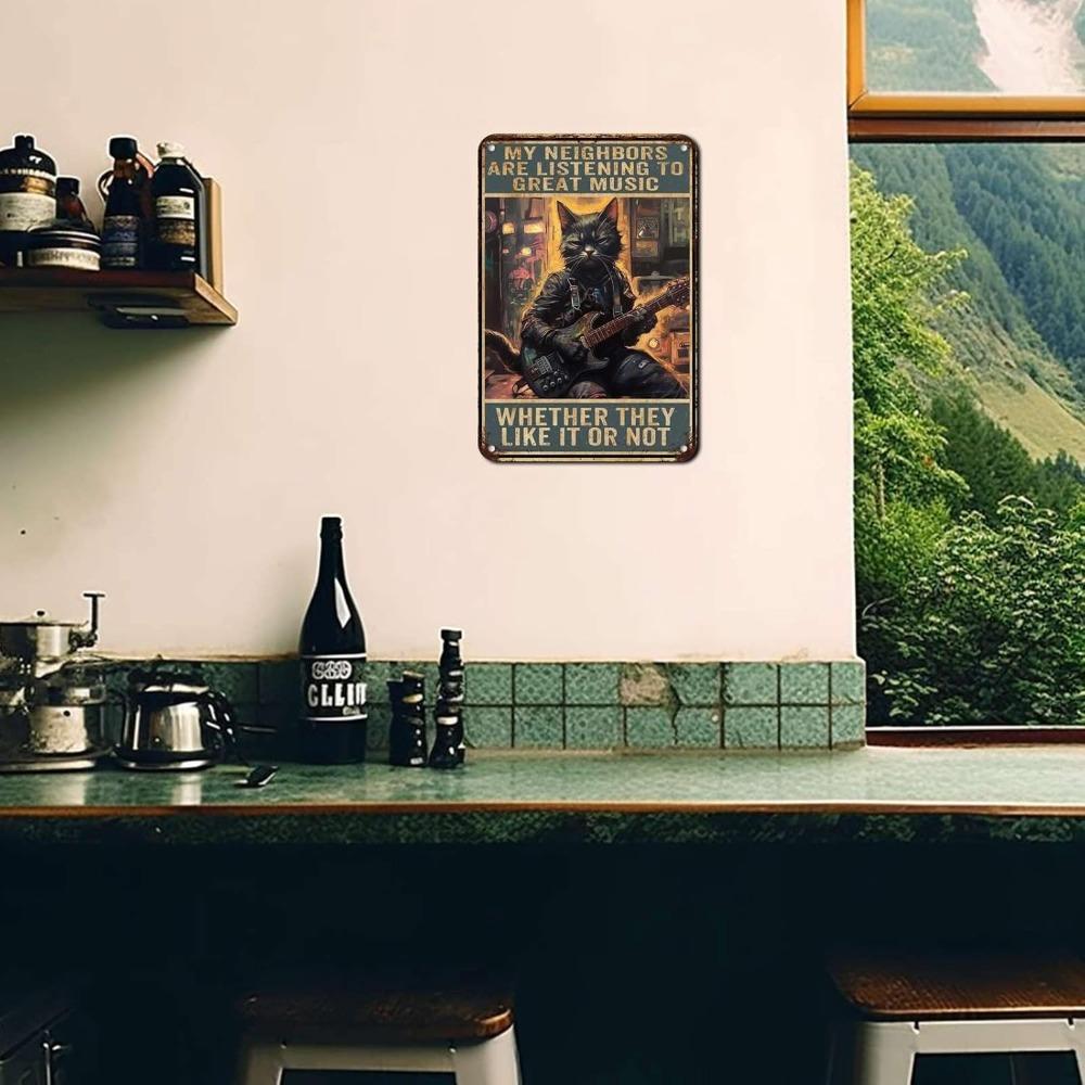 Vintage Lustige Katze Gitarre Metallschild - Rockmusik Wanddeko für Bauernhof Garten Garage - "Meine Nachbarn hören großartige Musik"