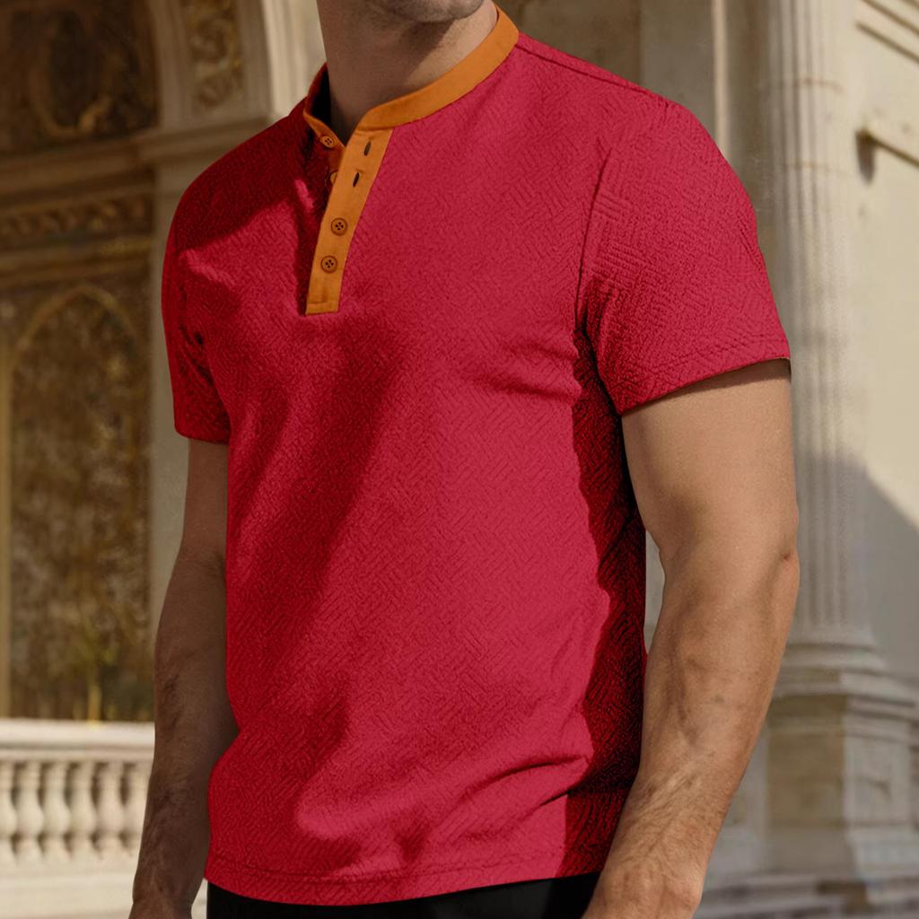 European and American Men's Clothing Summer Short-sleeved Casual Loose Breathable Towel Jacquard Cloth Button-up Men's Shirt Henry Shirt