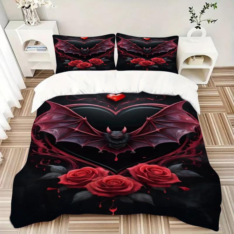 3pcs Bat Heart Roses Duvet Cover Set - Includes 1 Duvet Cover and 2 Pillowcases, No Quilt Core, All-Season Home Decor yy251111086