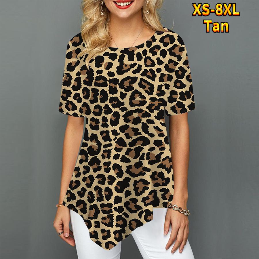 

Женская пикантная заостренная юбка с леопардовым принтом и круглым вырезом для зрелых темпераментов, женская повседневная юбка с короткими рукавами, летний топ S-8XL 3XL