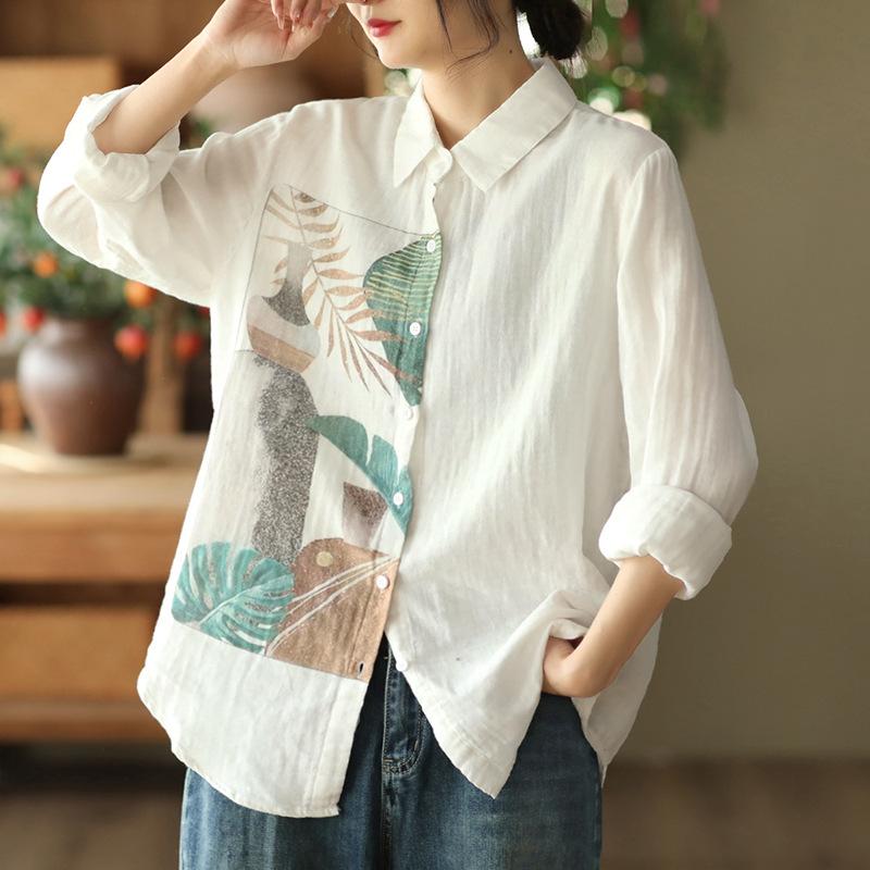 Johnature Women Vintage Cotton Shirts Tops Turn-down Collar Long Sleeve Button Blouses Autumn White Shirts
