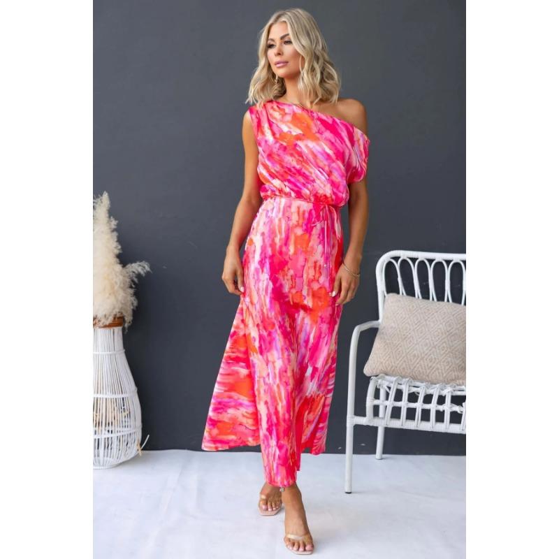 A Summer Women's Dress with A Slit and Sleeveless Print At The Bottom