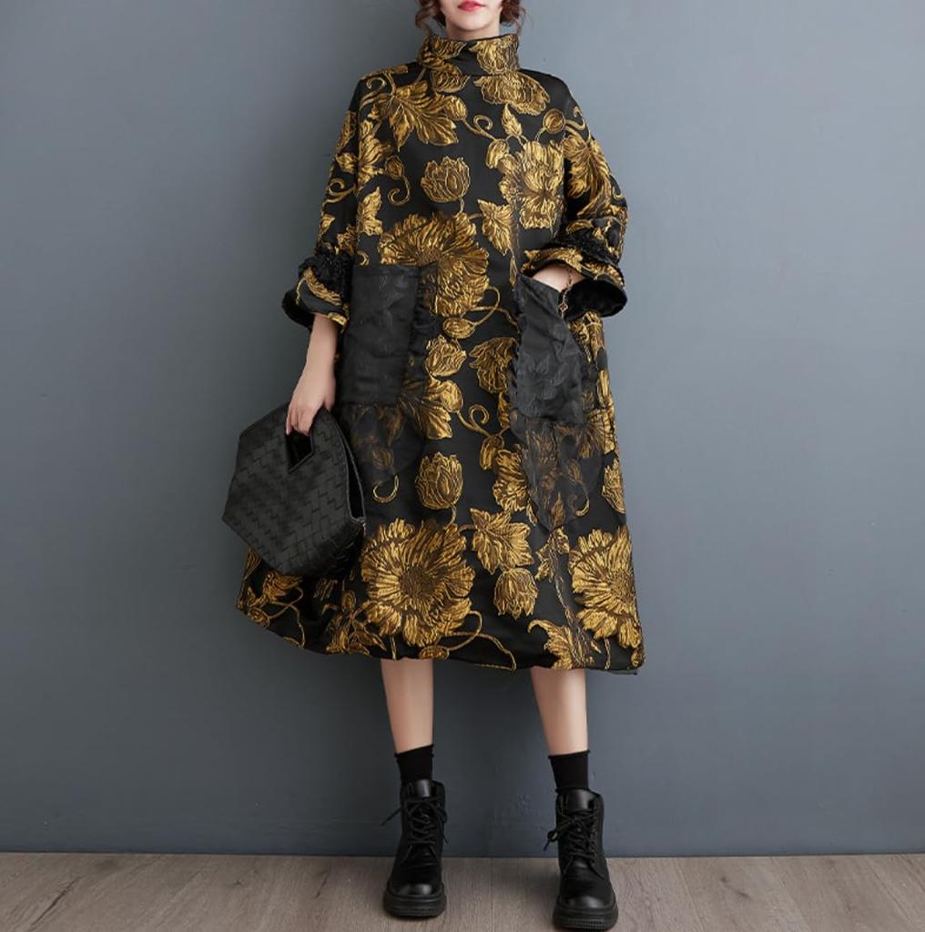 Lady A Jacquard Dress with Gold Embroidery and In Lazy Trendy, 5/8-sleeve, High-neck, Knee-length Black.