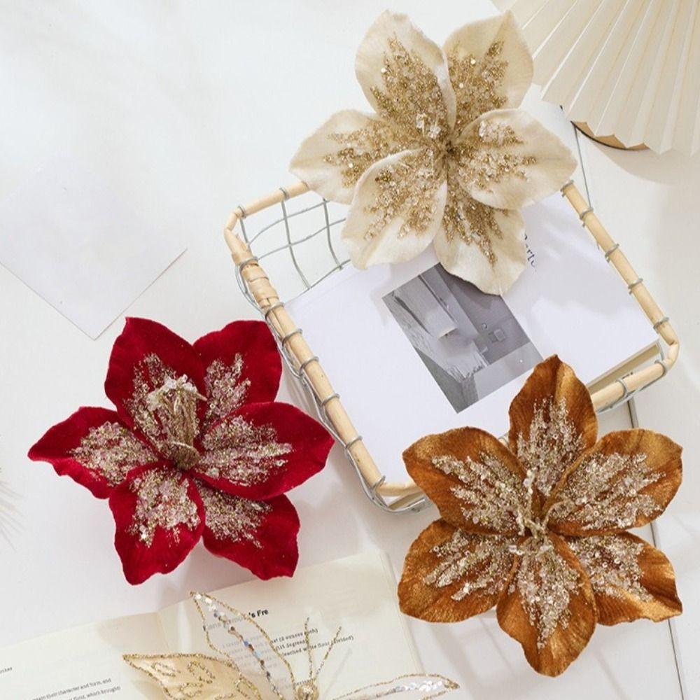 20 cm Christmas Poinsettia Velvet Sequin Floral Artificial Christmas Flower New Year Party
